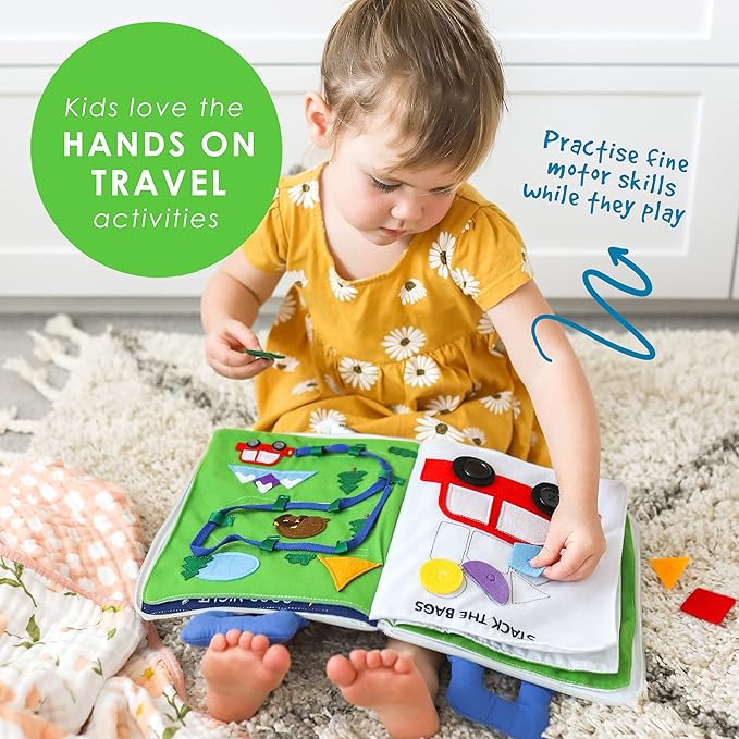 Curious Columbus Quiet Book – Away We Go Busy Book for Toddlers, Montessori Airplane Travel Toy for Preschool and Early Learning