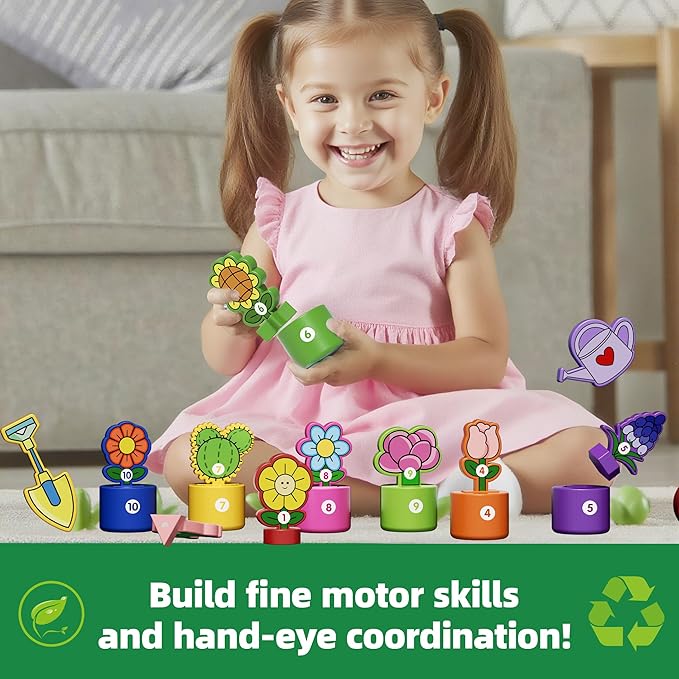 GJZZ Wooden Pretend Play Flower Garden Set with Stand - Montessori Shape and Color Sorting Toys for 2 3 Year Old Girls Boys Birthday Gifts, Number Cognition for Toddler Kids, Fine Motor Skills