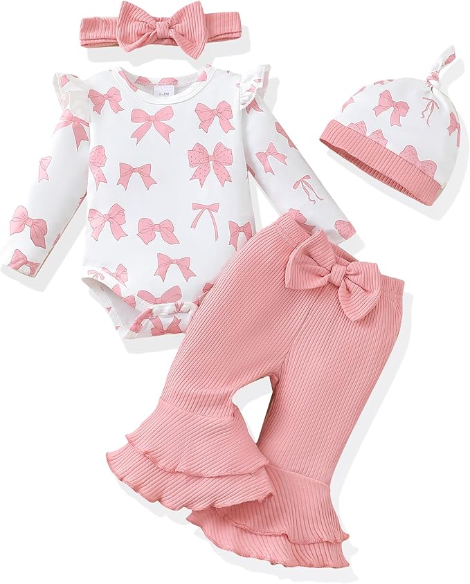 Renotemy Preemie Newborn Baby Girl Clothes Infant Romper Fall Winter Outfits Gifts for Girls Cute Bell Bottoms Pant Sets