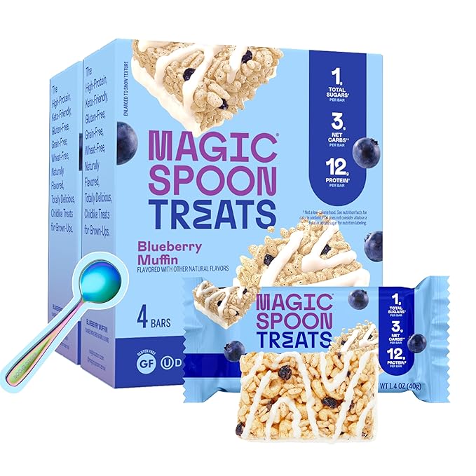 MAGIC SPOON Treats I High Protein Bars I Low Carb I Keto Friendly I 1g of Sugar I Gluten Free Crispy Treat I Cereal Bar & On-The-Go Healthy Snack (Blueberry Muffin, 8 Bars)