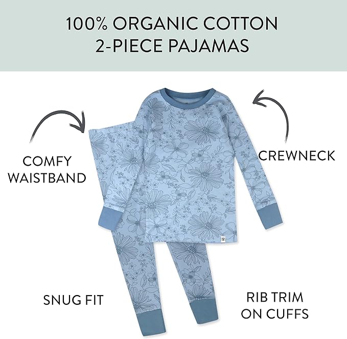 HonestBaby 4 Piece Pajamas Sleepwear Pjs 100% Organic Cotton for Infant Baby and Toddler Boys, Girls, Unisex