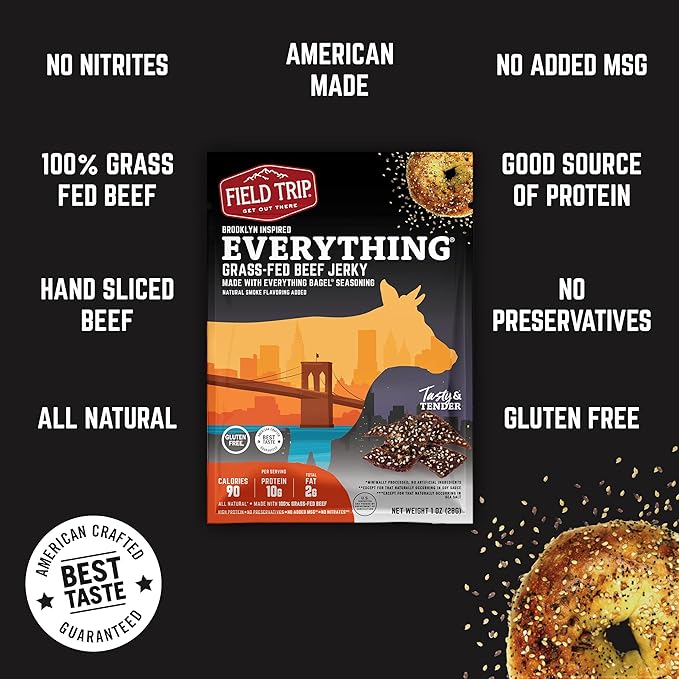 Field Trip Beef Jerky | Gluten Free Jerky, Low Carb, Healthy High Protein Snacks With No Nitrates, Made With All Natural Ingredients | Everything Bagel | 1oz Bags, 12 Pack