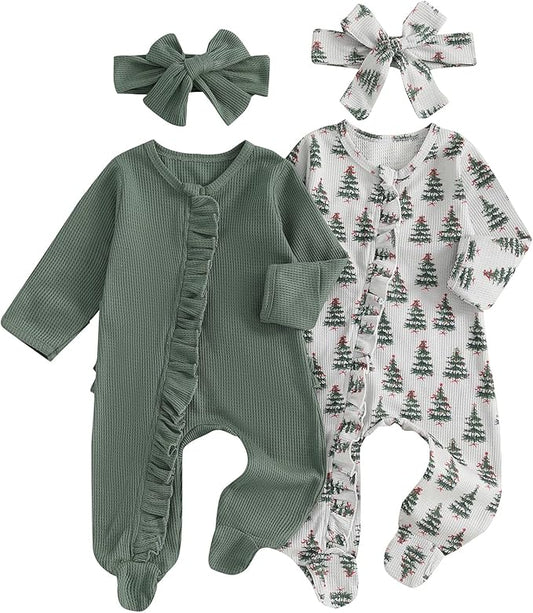 Baby Girl Footies Newborn Zipper Sleeper 2 Pack Ruffle Pajamas Romper Coming Home Outfit