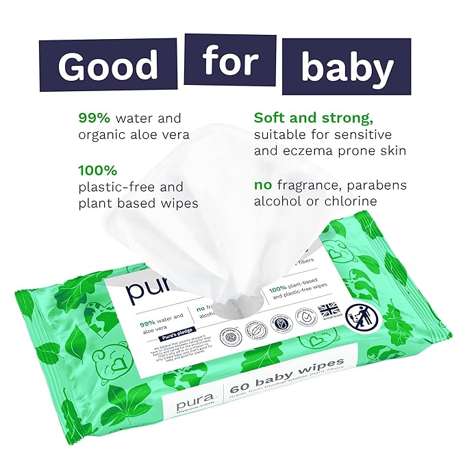 Pura Natural Sensitive Baby Wipes, 99% Water, Unscented & Hypoallergenic, Suitable for Sensitive & Eczema-prone Skin, Fragrance Free & Hypoallergenic, EWG Verified, 1 Pack of 60 Wet Wipes
