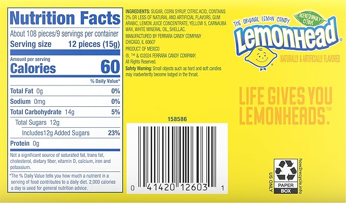 Lemonhead Hard Lemon Candy, 5 Ounce Movie Theater Candy Boxes (Pack of 24)