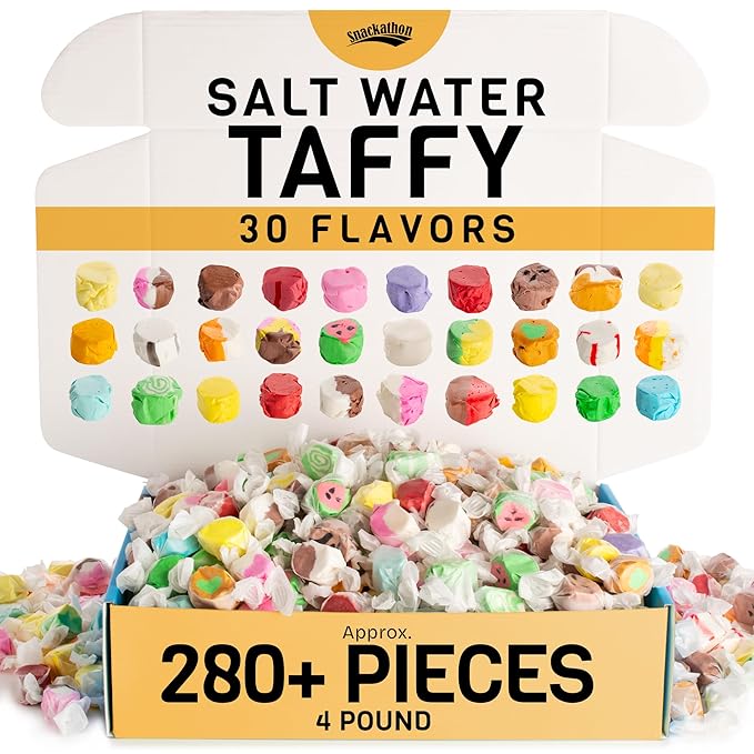Snackathon Salt Water Taffy Assorted Mix – Epic 30-Flavor Variety, Bulk 4 LB Party Size, Soft & Chewy Gourmet Candy, Approx. 280+ Individually Wrapped Pieces
