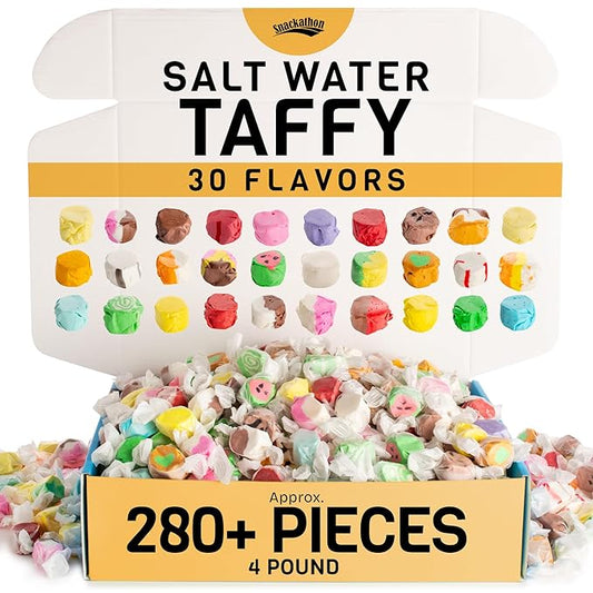 Snackathon Salt Water Taffy Assorted Mix – Epic 30-Flavor Variety, Bulk 4 LB Party Size, Soft & Chewy Gourmet Candy, Approx. 280+ Individually Wrapped Pieces