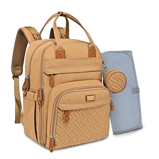 BabbleRoo Diaper Bag Backpack - Baby Essentials Travel Tote - Multi function Water Resistant Diaper Bag, Travel Essentials Baby Bag with Changing Pad, Stroller Straps & Pacifier Case - Unisex, Beige
