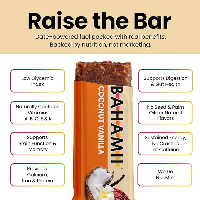 Bahamii Almond Nut & Date Bars - Coconut Vanilla, 12 Pack, Only 6 Ingredients, Soft & Delicious Snack Bar with Almonds, Dates, Organic Coconut, Vanilla, Sea Salt, Diabetic Snacks, Gluten Free, Vegan