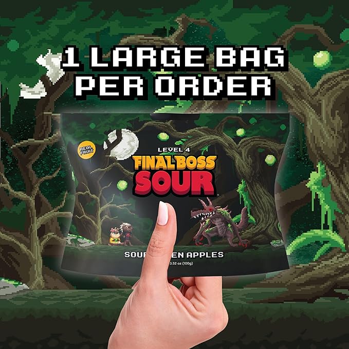 Final Boss Sour Candy, Green Apple, 1 Pack, Level 4, Extreme Sour Fruit Chews with Real Dried Fruit, No Artificial Colors or Flavors, Low Calorie Snack for Kids, Teens, Adults, Lunch Boxes & On The Go