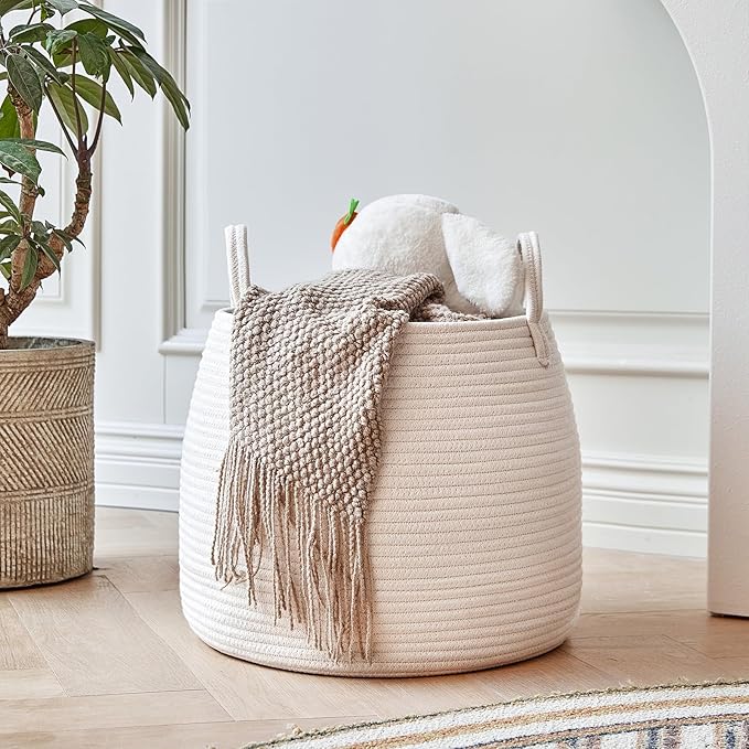 Nursery Laundry Basket | Kids Hamper for Blankets, Pillows,Toys (15"x 13")| Baby Toy Basket | Nursery Storage for Boho Room Decor | Ideal Gift for Baby Showers| White