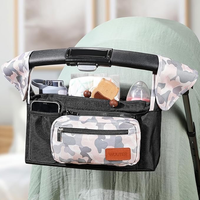 Universal Stroller Organizer with Cup Holder & Detachable Wristlet Large Baby Stroller Bag for Mom, Uppababy, Baby Jogger, Britax, BOB & Umbrella Strollers (Multicolor)