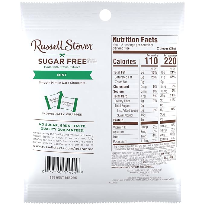 RUSSELL STOVER Sugar Free Dark Chocolate Mint Patties Candy, 2 oz. bag (Pack of 10)
