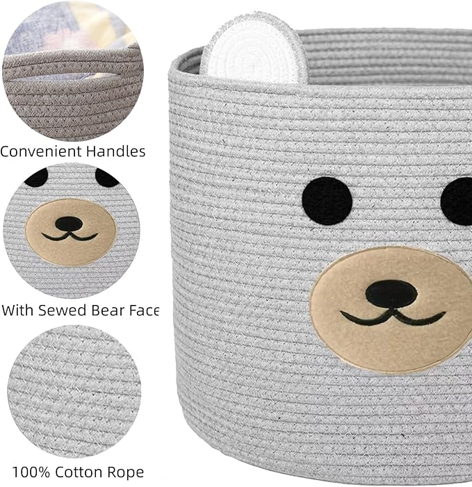 Bear Laundry Baskets Laundry Hamper Storage Baskets with Handles,Decorative Basket for Living room,Woven Storage Basket for Toys Bin Pillows Blankets Clothes (Grey)