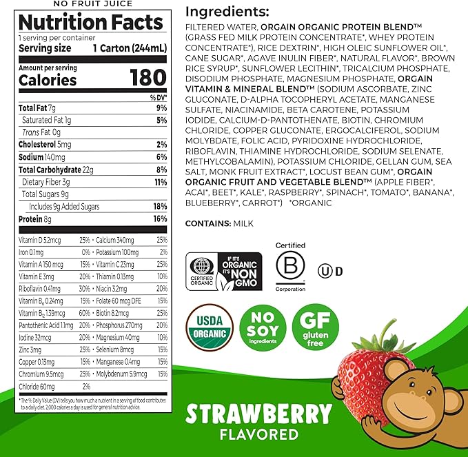 Orgain Organic Kids Protein Nutritional Shake, Strawberry - 8g of Protein, 22 Vitamins & Minerals, Fruits & Vegetables, Gluten Free, Soy Free, Kosher, Non-GMO, 8.25 Ounce (Pack of 12)