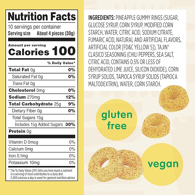 Snak Club Tajin Pineapple Rings Gummy Candy, Fruit Candy Gummies with Chili and Lime Seasoning, Mild, Gluten-Free and Vegan Snacks, 11 oz Resealable Bag