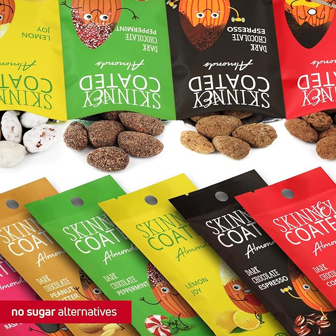 Skinny Coated Almonds Chocolate Snacks Multiple Flavors - Lemon, Dark Chocolate Peanut Butter, Raspberry, Peppermint, Chocolate Espresso Sweet Snacks - Gluten Free & Kosher, 1.2Oz Bag, 6g of Protein.