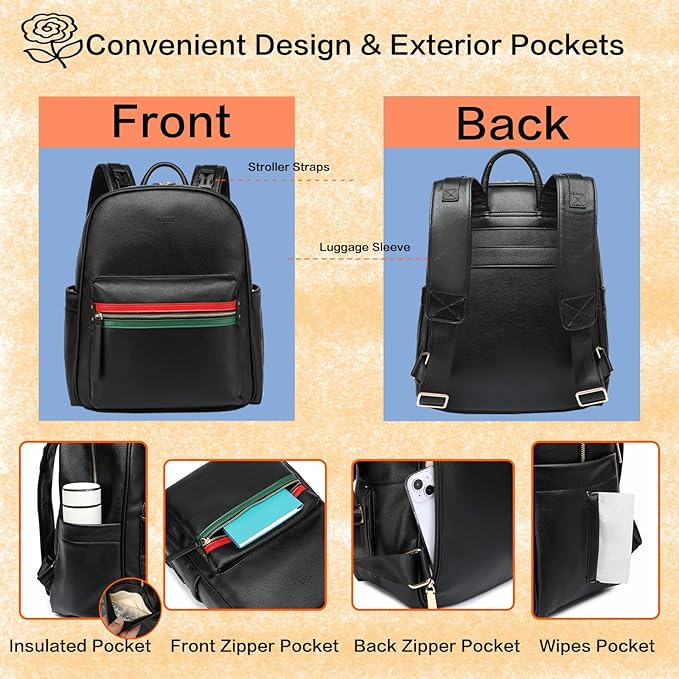 Leather Diaper Bag Backpack for Women with Multiple Pockets,Laptop Compartment and Changing Pad.