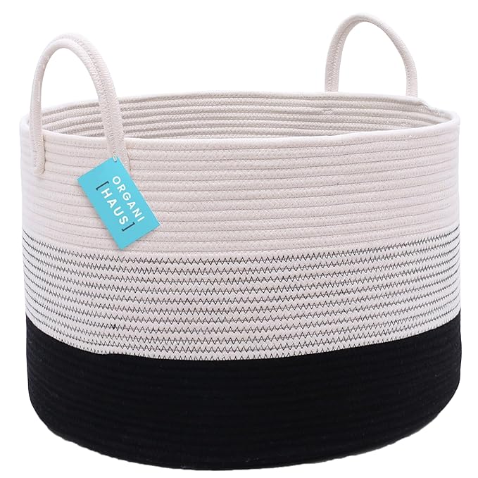 OrganiHaus Woven Laundry Basket, Large Cotton Rope Blanket Holder with Handles, Soft & Sturdy Nursery Hamper, Decorative Toy Bin for Living Room Organization 20x13 inches - Off-White/Black