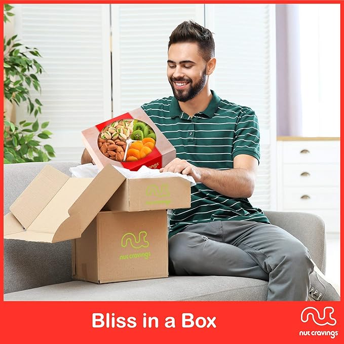 NUT CRAVINGS - Rosh Hashana & Shana Tova Dried Fruit & Mixed Nuts Gift Basket in Red Box (4 Assortments) Food Arrangement, Healthy Snack Care Package, Food Assortments