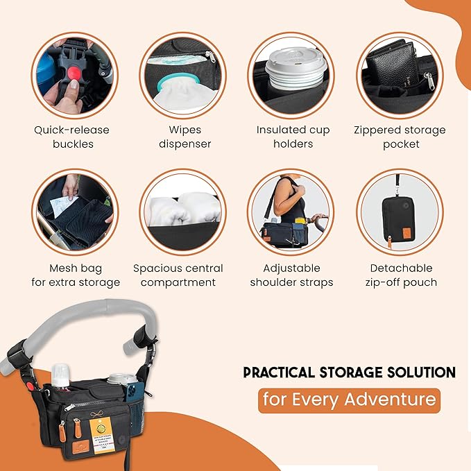 Universal Stroller Organizer with Cup Holder - Baby Caddy Organizer | Stroller Caddy Organizer w/ Anti-Slip Straps to Fit Various strollers like Uppababy, Doona, Nuna & More | Waterproof Walker Bag