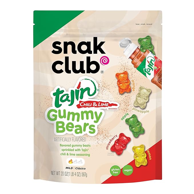 Snak Club Tajin Gummy Bears, Assorted Fruit Candy Gummies with Chili and Lime Seasoning, Mild, Gluten-Free and Vegan Snacks, 20 oz Resealable Bag