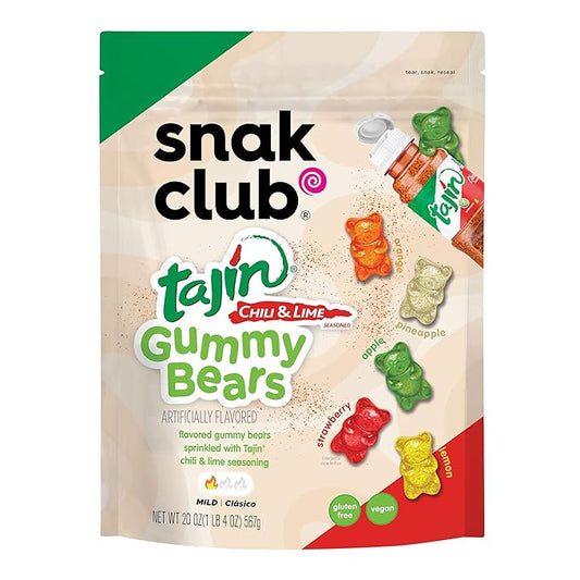 Snak Club Tajin Gummy Bears, Assorted Fruit Candy Gummies with Chili and Lime Seasoning, Mild, Gluten-Free and Vegan Snacks, 20 oz Resealable Bag