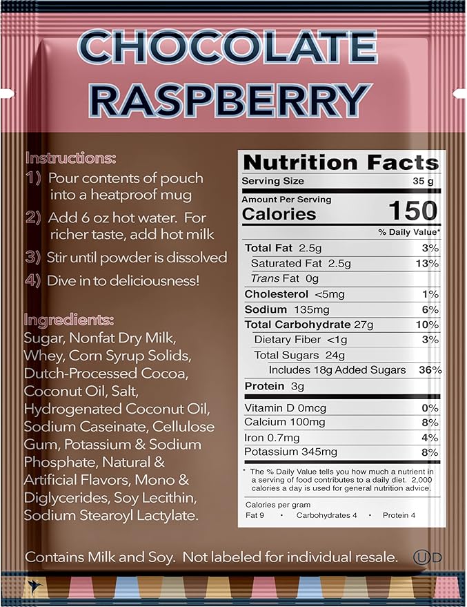 Double Donut Flavored Hot Chocolate, Raspberry Hot Chocolate, Hot Chocolate Packets, Hot Cocoa Mix, Pack 32 Pouches per Pack