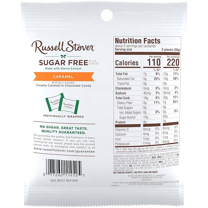 RUSSELL STOVER Sugar Free Caramel in Chocolate Candy, 2 oz. bag (Pack of 10)