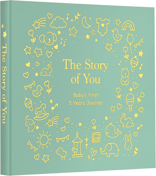 Baby Memory Book First 5 Year Boy or Girl Keepsake Journal Photo Albums Scrapbook, Gifts for Baby Shower First Time Mom New Parents (Toy - Sage Green)