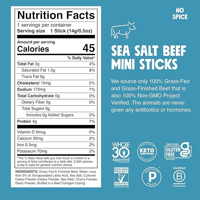 Chomps Snack Size Grass-Fed and Finished Sea Salt Beef Jerky Snack Sticks 0.5oz 24-Pack - Keto, Paleo, Whole30, 4g Lean Meat Protein, Gluten-Free, Zero Sugar Food, Non-GMO Chomplings
