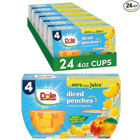 Dole Fruit Bowls, Diced Peaches in 100% Fruit Juice Snacks, 4oz 24 Total Cups, Gluten & Dairy Free, Bulk Lunch Snacks for Kids & Adults