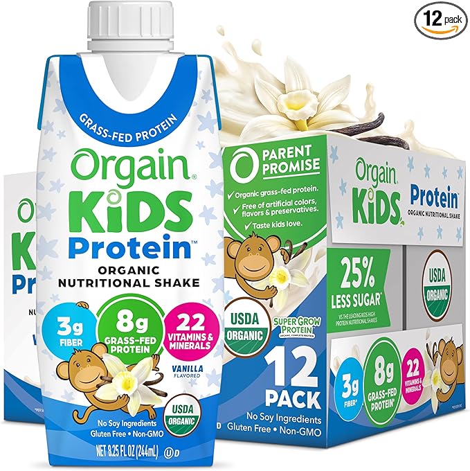Orgain Organic Kids Protein Nutritional Shake, Vanilla - 8g of Protein, 22 Vitamins & Minerals, Fruits & Vegetables, Gluten Free, Soy Free, Non-GMO, 8.25 Oz, 12 Ct (Packaging May Vary)
