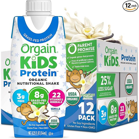 Orgain Organic Kids Protein Nutritional Shake, Vanilla - 8g of Protein, 22 Vitamins & Minerals, Fruits & Vegetables, Gluten Free, Soy Free, Non-GMO, 8.25 Oz, 12 Ct (Packaging May Vary)