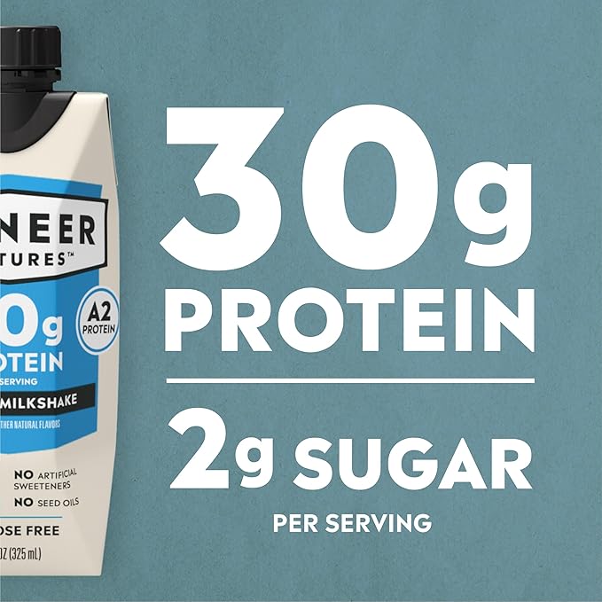 Pioneer Pastures - High Protein A2 Milkshakes - Vanilla - A2 Nutritional Milk, 30g Protein, 2g Sugar, No Sweeteners, No Seed Oils - All-Natural, Breakfast Shake, Meal Replacement, Workout - 11oz, 12 Pack