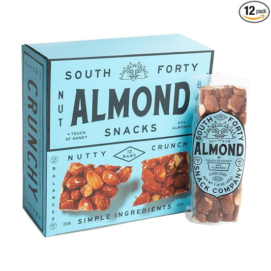 South 40 Snacks Almond Bar, Extra Crunchy Nut Snack Bar, Simple Ingredients, Honey and Sugar, Delicious Healthy Whole Almonds Nut Clusters, Individually Wrapped, 6g Protein (40g Bar, Pack of 12)