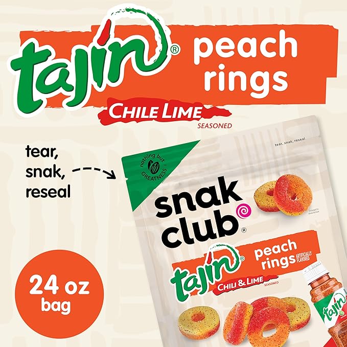 Snak Club Tajin Peach Rings Gummy Candy, Fruit Candy Gummies with Chili and Lime Seasoning, Mild, Gluten-Free and Vegan Snacks, 24 oz Resealable Bag