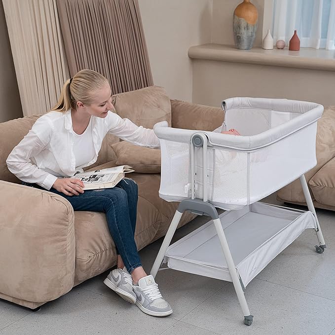 ANGELBLISS Baby Bassinet Bedside Sleeper, Easy Folding Portable Bassinet for Baby with Wheels, Adjustable Height, Included Mattress (Beige)