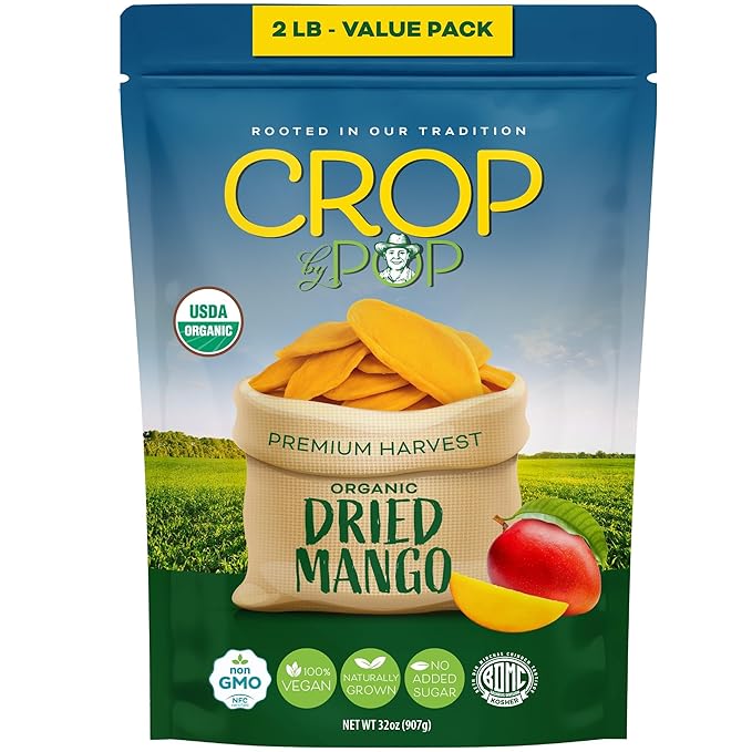CROP BY POP - Organic Sun Dried Mango Slices, No Sugar Added, Unsulphured (32oz, 2 LB) Bulk Dry Fruits Packed Fresh in Resealable Bag - USDA Organic, Non GMO, Kosher