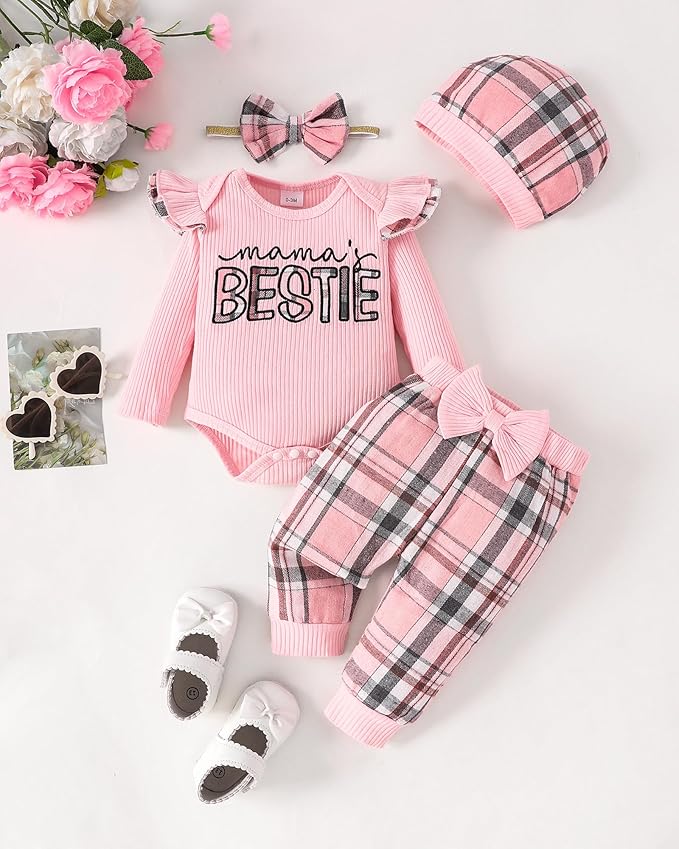 SUNNY PIGGY Baby Girl Clothes Newborn Outfits Infant Ruffle Romper 0-18M Fall Winter Flower Plaid Pants Clothing Set