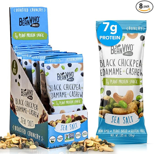 BeanVIVO Healthy Snacks for Adults & Kids with 7g Protein & 5g Fiber per Serving with Dried Edamame, Roasted Cashew and Black Chickpeas - Vegan & Gluten Free - Keto Friendly & Non-GMO - 8Pack (1.05 oz Each Pouch)