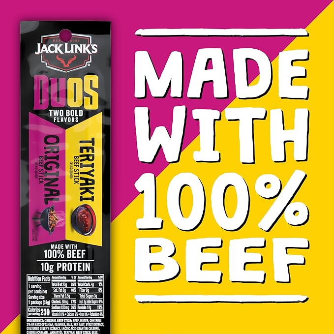 Jack Link's DUOs Beef Jerky Meat Snack Sticks with 10g Protein – Original & Teriyaki, Made with 100% Beef, Two Flavors in One Package, 1.84oz (10 Pack of 2 Sticks)