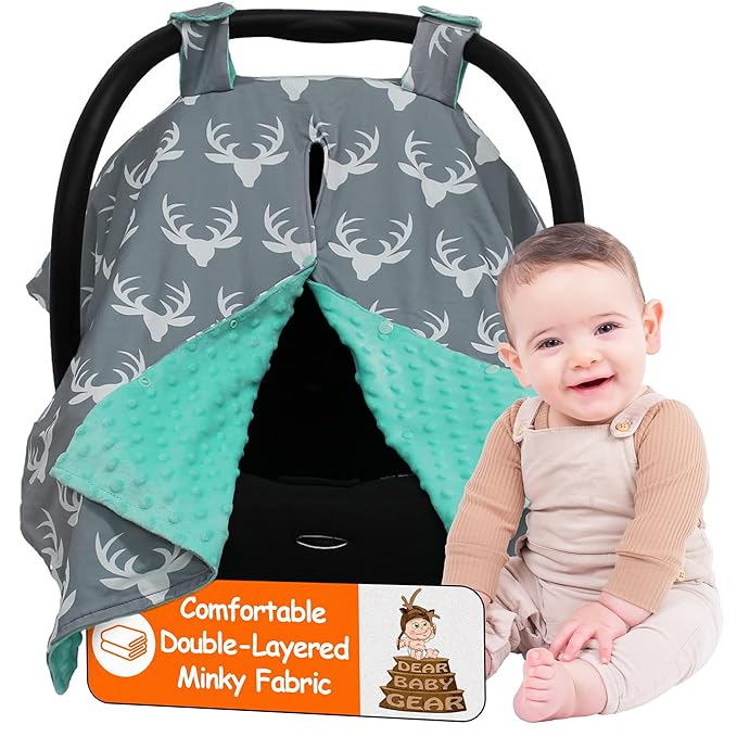 Dear Baby Gear - 40x30 Car Seat Canopy, Infant Carrier Cover for Boys & Girls, Cozy Fall Baby Gift, Nursing & Stroller Use, Newborn Travel Sunshade Accessory, Antlers on Gray, Mint Dot