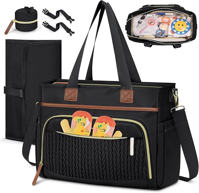 RAINSMORE Diaper Bag Tote, Large Diaper Baby Bag Waterproof Multifunctional Diaper Bag with Pacifier Case & Changing Pad