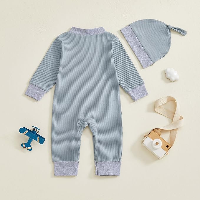 fhutpw Newborn Baby Boy Clothes Ribbed Knit Bodysuit 3 6 Months Infant Fall Long Sleeve Splicing Color Romper Jumpsuit & Hat