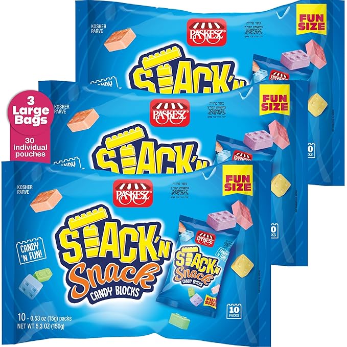 DOUzzle Back To School Stack 'n Snack Candy Blocks, Edible Building Bricks Blox (10 Count, 3 Pack) Individually Wrapped, Party Favor, Goodie Bag & Pinata Filler - Kosher Parve