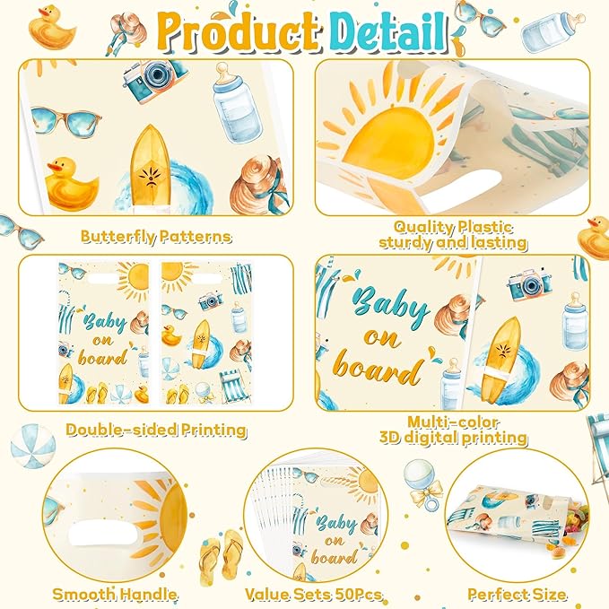 Baby on Board Baby Shower Party Favor Bags - 50Pcs Splish Splash Baby Bash Goody Candy Treat Gifts Bags Party Decorations for Kids Boys Girls Birthday Summer Events Supplies