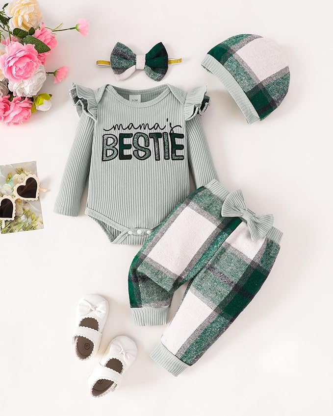 SUNNY PIGGY Baby Girl Clothes Newborn Outfits Infant Ruffle Romper 0-18M Fall Winter Flower Plaid Pants Clothing Set