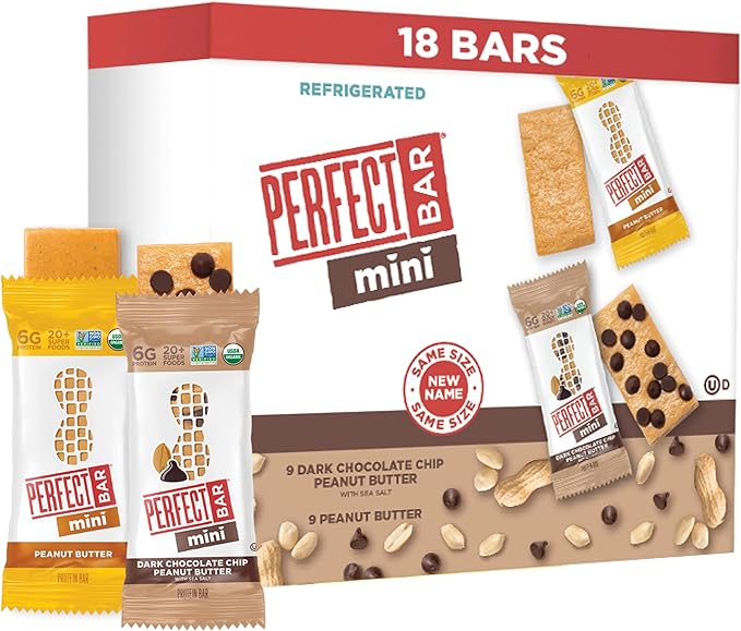 Perfect Bar Mini, Peanut Butter and Dark Chocolate Chip Peanut Butter Variety Pack, Protein Snack, Snack Bar, Organic, Gluten Free, Soy Free, Non GMO, No Sugar Alcohols, 18 count, .88 oz