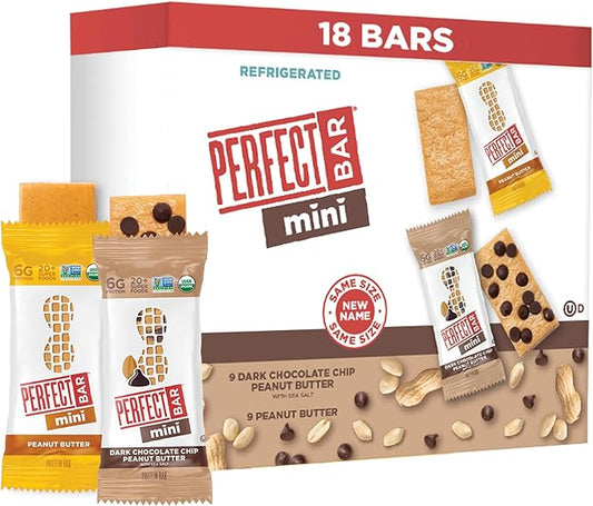 Perfect Bar Mini, Peanut Butter and Dark Chocolate Chip Peanut Butter Variety Pack, Protein Snack, Snack Bar, Organic, Gluten Free, Soy Free, Non GMO, No Sugar Alcohols, 18 count, .88 oz